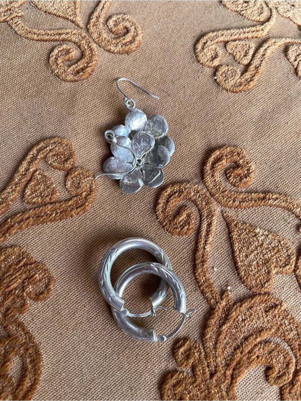 Silver Floral Drop Earrings and Textured Hoop Earrings - Silver